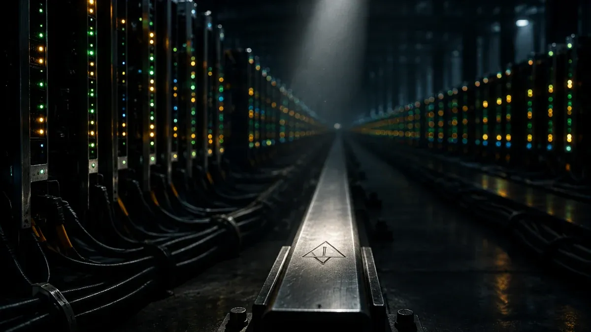 Endlose Reihen von Rechengeraeten in einer dunklen Industriehalle, Statuslichter laufen in die Tiefe, ein Lichtkegel trifft eine Metallschiene mit eingraviertem Symbol