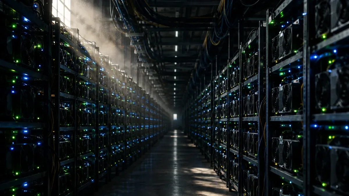 Lange Reihen von Rechen-Rigs in einer dunklen Industriehalle mit winzigen grünen und blauen Status-Lichtpunkten