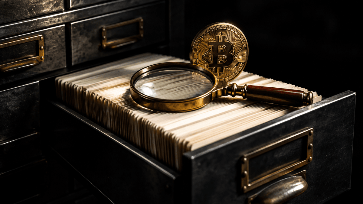 Ausgezogene Schublade eines stählernen Karteischranks mit blanken Karteikarten, darauf eine Messinglupe und eine Münze mit Bitcoin-Prägung