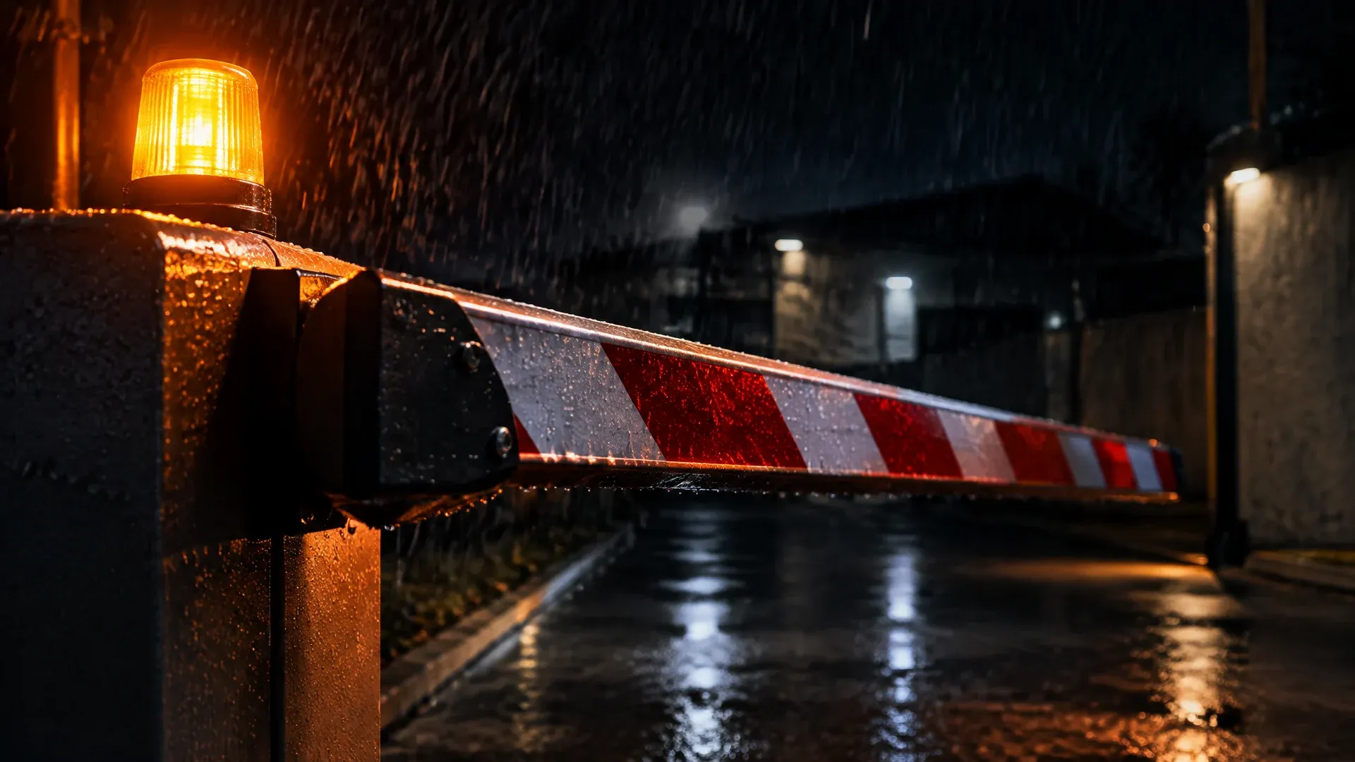 Heavy barrier at a concrete entrance just before closing, warning light from the side