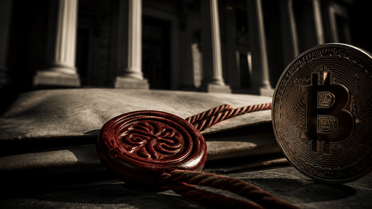 Red wax seal on a cord on an official sheet of paper in front of the columned portal of a neoclassical government building, with a metal coin in front of it
