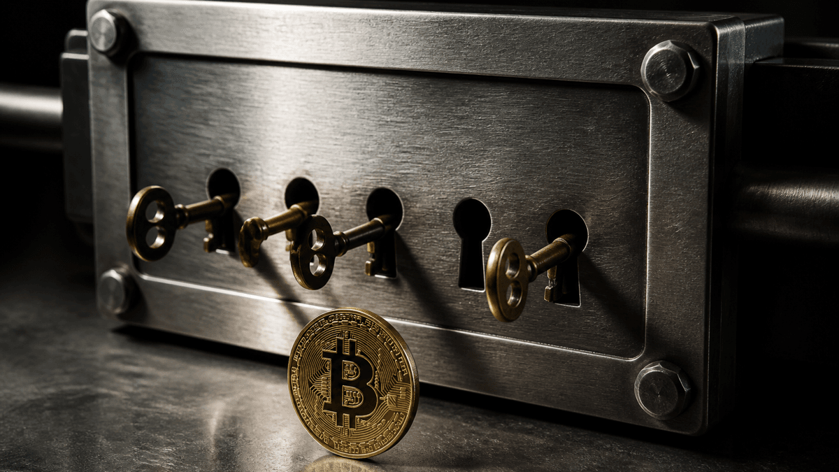 Massive steel vault lock with five keyholes, three of them holding brass keys, with a metal coin bearing the Bitcoin symbol in front of it