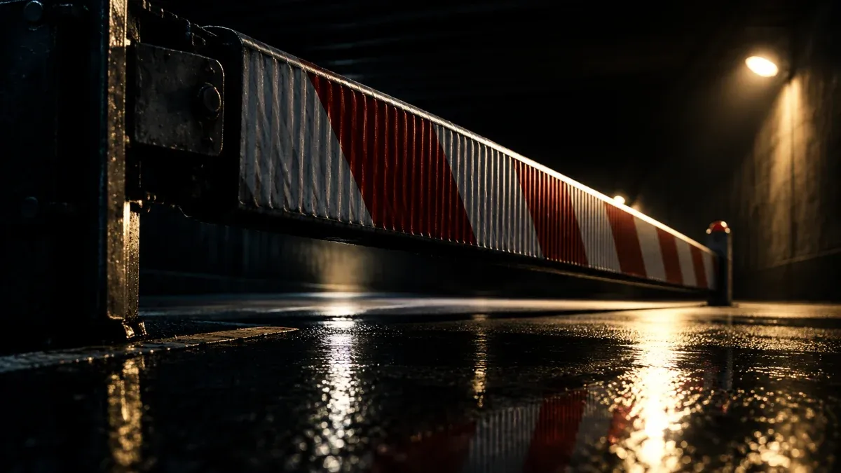 A ribbed metal level-crossing barrier coming down in an empty underpass at night, the gap beneath it only a hand's breadth open