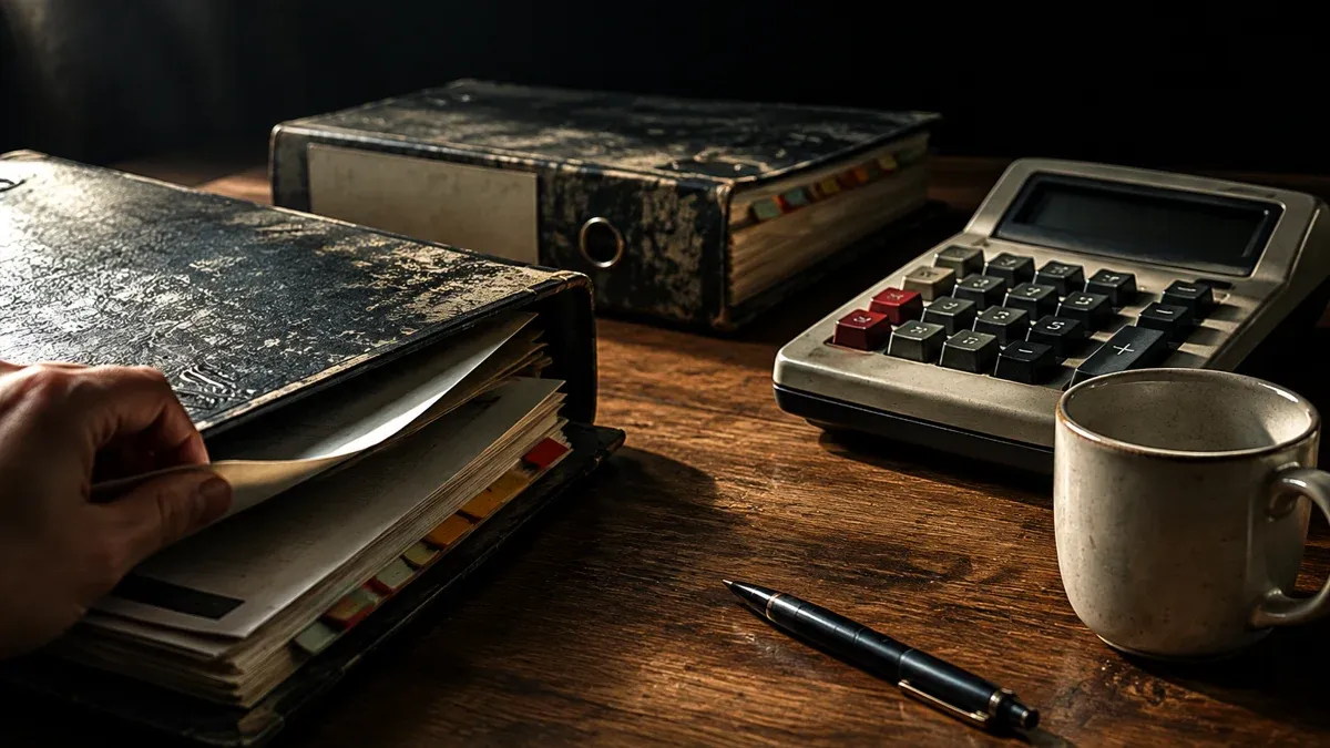 Two worn ring binders with index tabs and an old desk calculator with large keys on a wooden kitchen table
