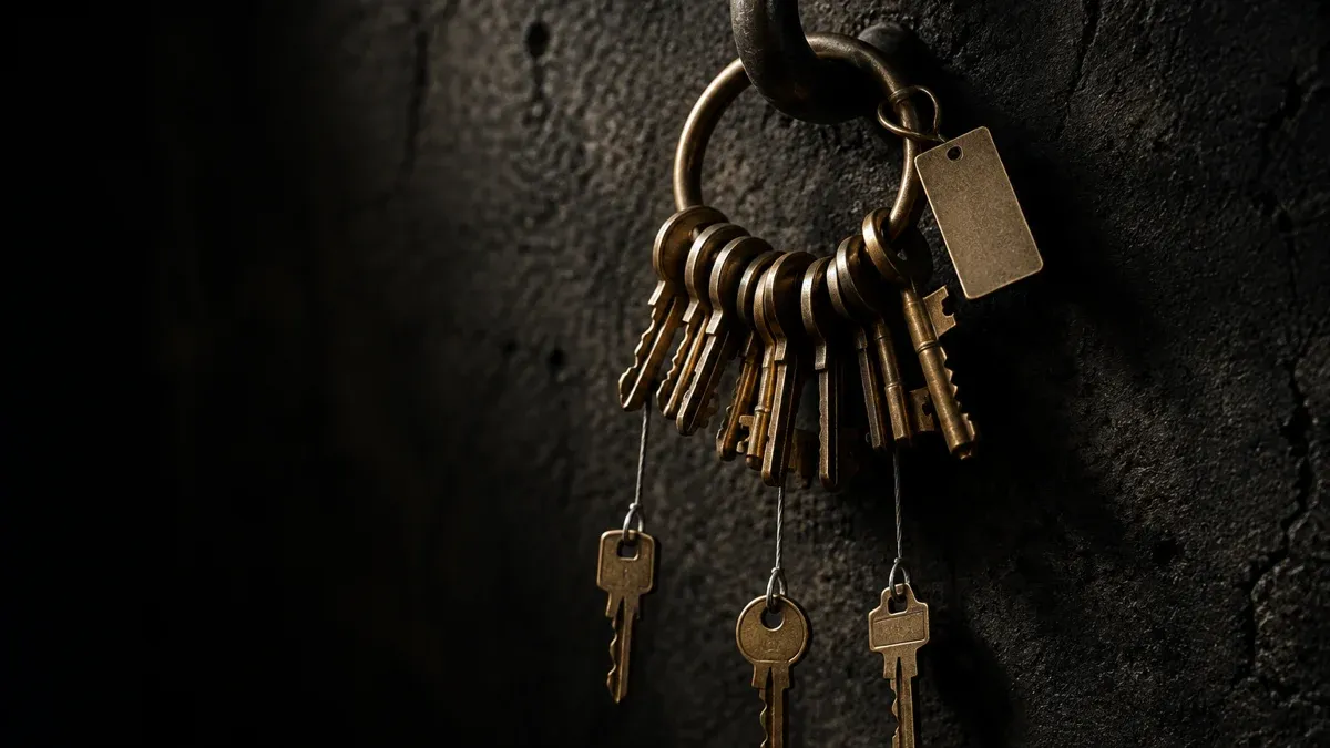 Brass key ring on a steel hook against a dark concrete wall, three keys hanging individually on wires below it