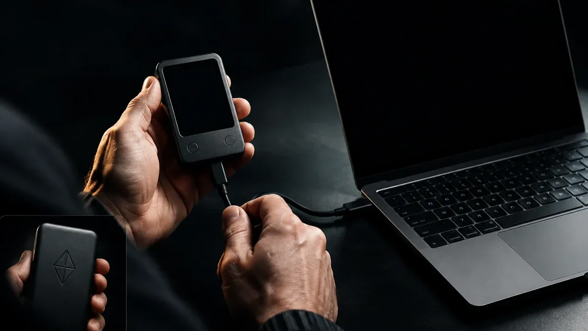 Two hands connecting an unbranded hardware device with a dark display to a laptop via a short cable