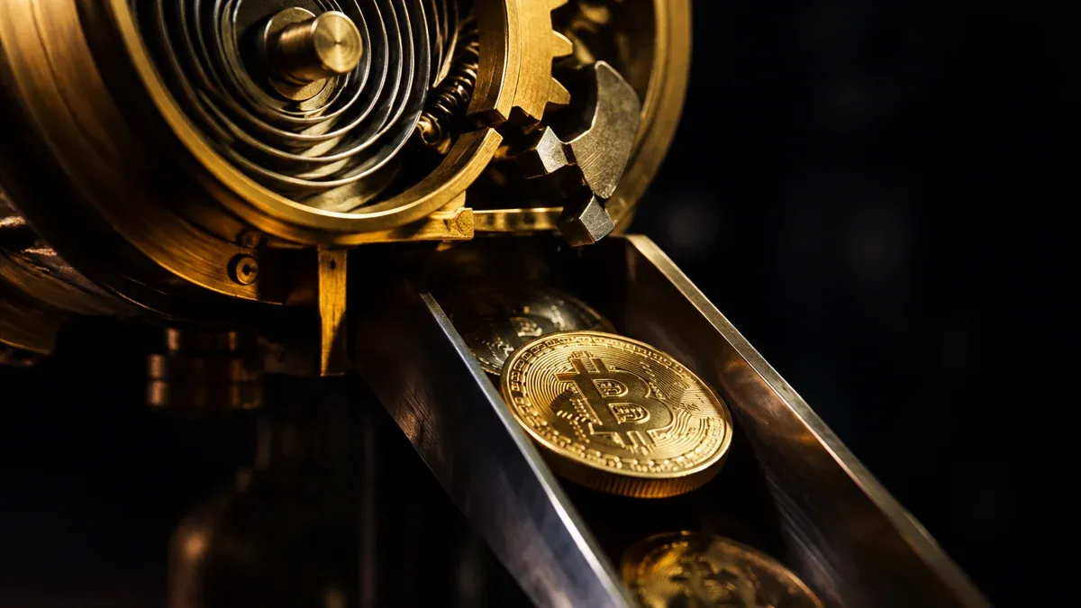 Messing-Federhaus eines Uhrwerks, dessen Sperrzahn abgesprungen ist, darunter gleiten Bitcoin-Münzen eine Metallrutsche hinab