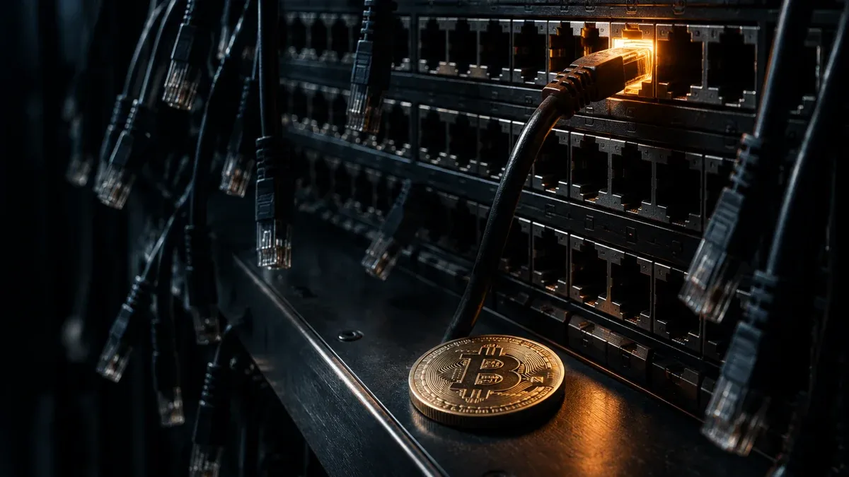Dunkles Rangierfeld im Serverschrank, alle Kabel abgezogen bis auf ein einziges glühendes, davor eine Bitcoin-Münze