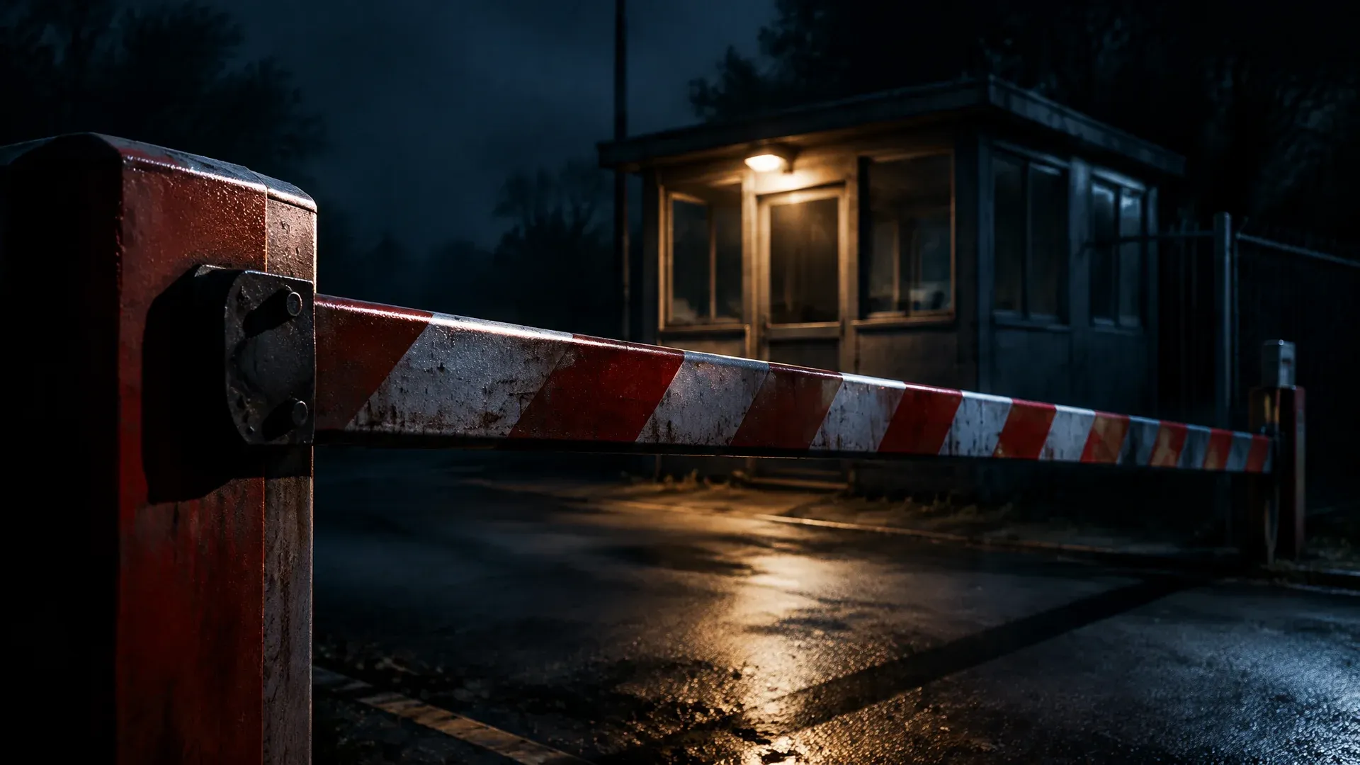 Schlagbaumschranke senkt sich im Halbdunkel ueber eine leere Zufahrt