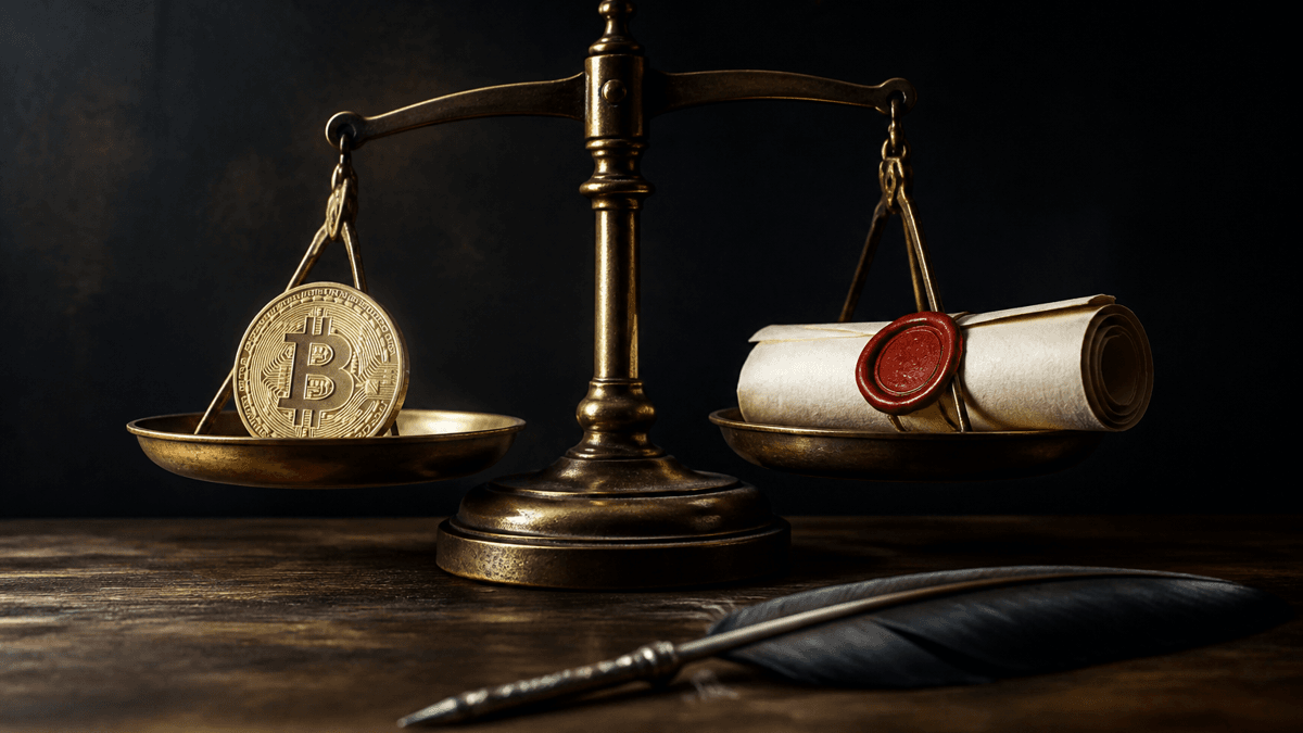 Messingwaage mit einer Bitcoin-Münze auf der einen und einem gesiegelten Dokument auf der anderen Schale