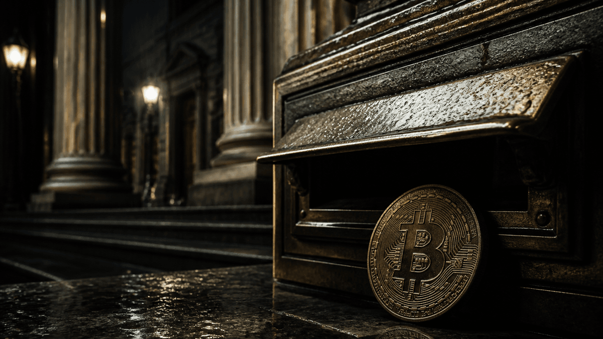 Säulenportal einer Behörde bei Nacht mit bronzenem Einwurfschlitz und einer Bitcoin-Münze auf der Stufe