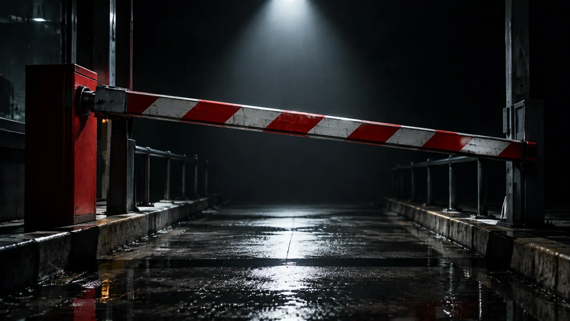 A heavy steel barrier lowering over an empty processing corridor in a cone of light