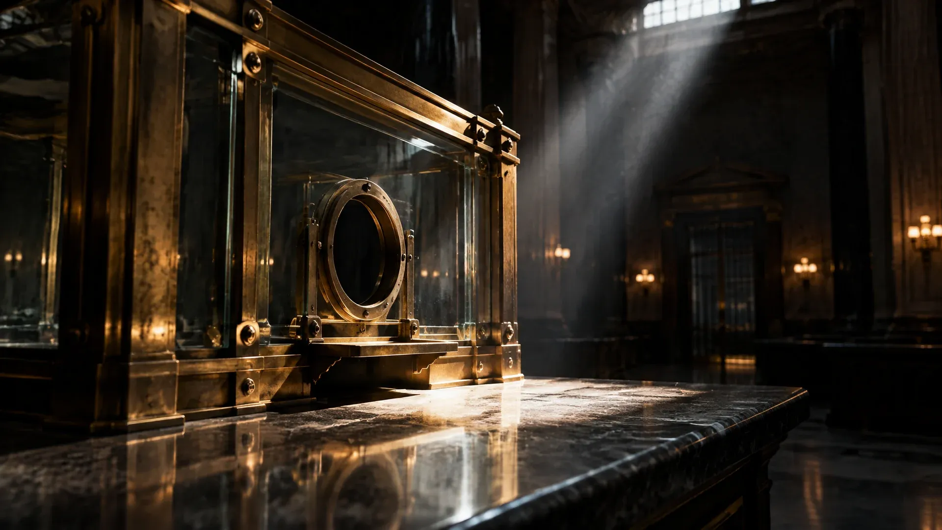 Empty brass and armoured-glass service hatch in a tall, deserted banking hall