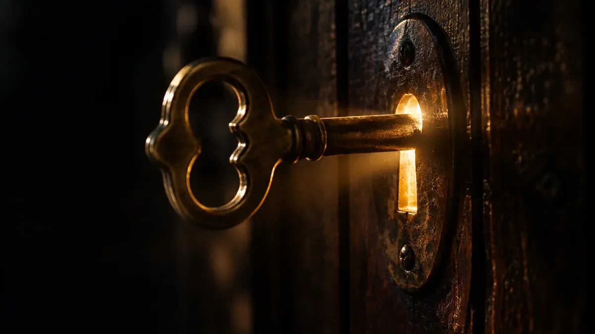 Brass key turning in the lock of a heavy dark wooden door, light coming through the keyhole