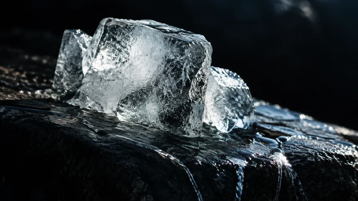 Melting blocks of ice on dark stone, water running off in thin streams
