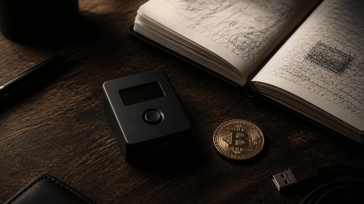 Kleines schwarzes Hardware-Gerät mit Knopf und leerem Display auf dunklem Holztisch, daneben ein aufgeschlagenes Notizbuch, eine goldene Münze und ein USB-Kabel
