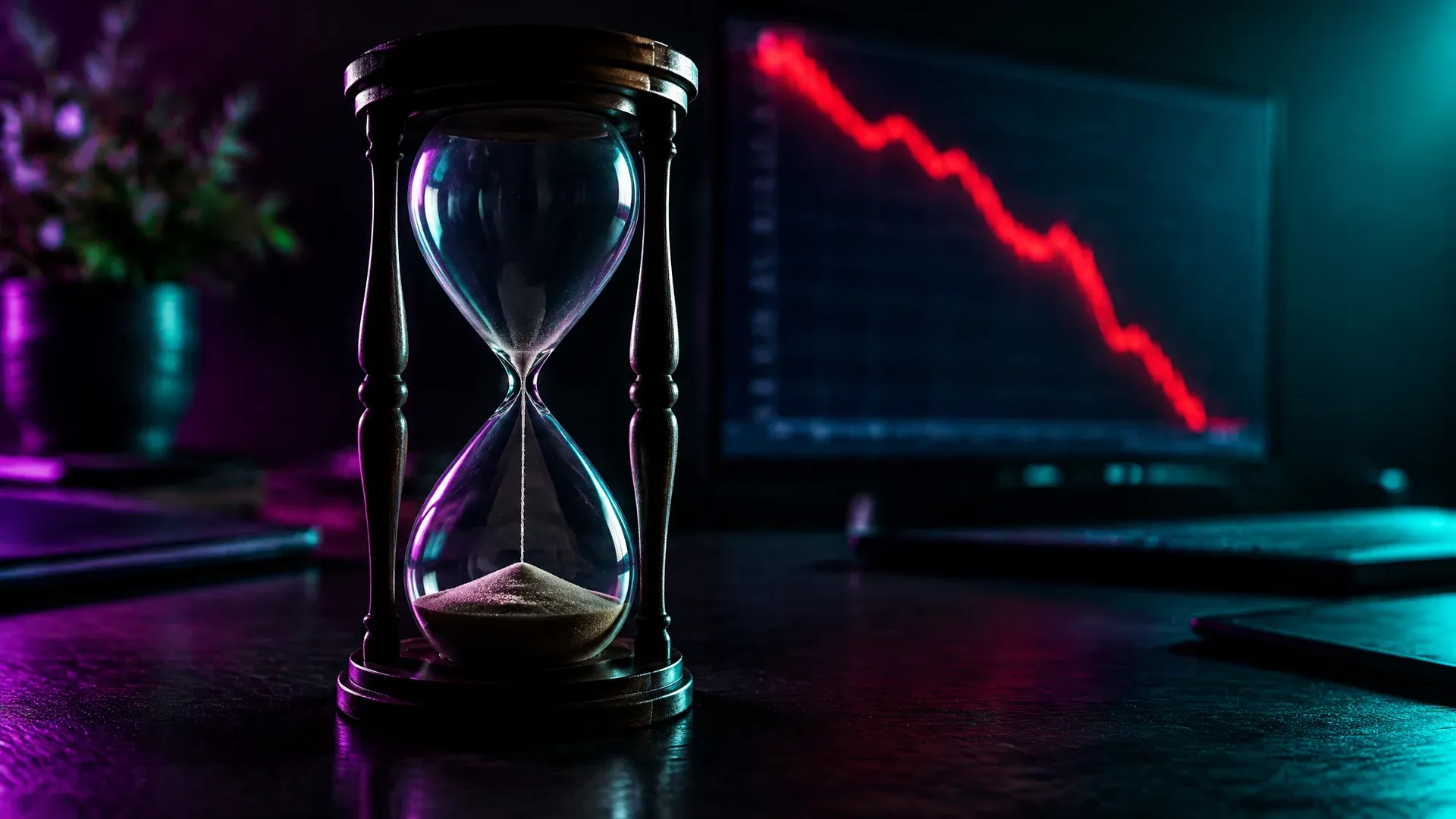 Hourglass about to run out in front of a monitor with a steeply falling red line