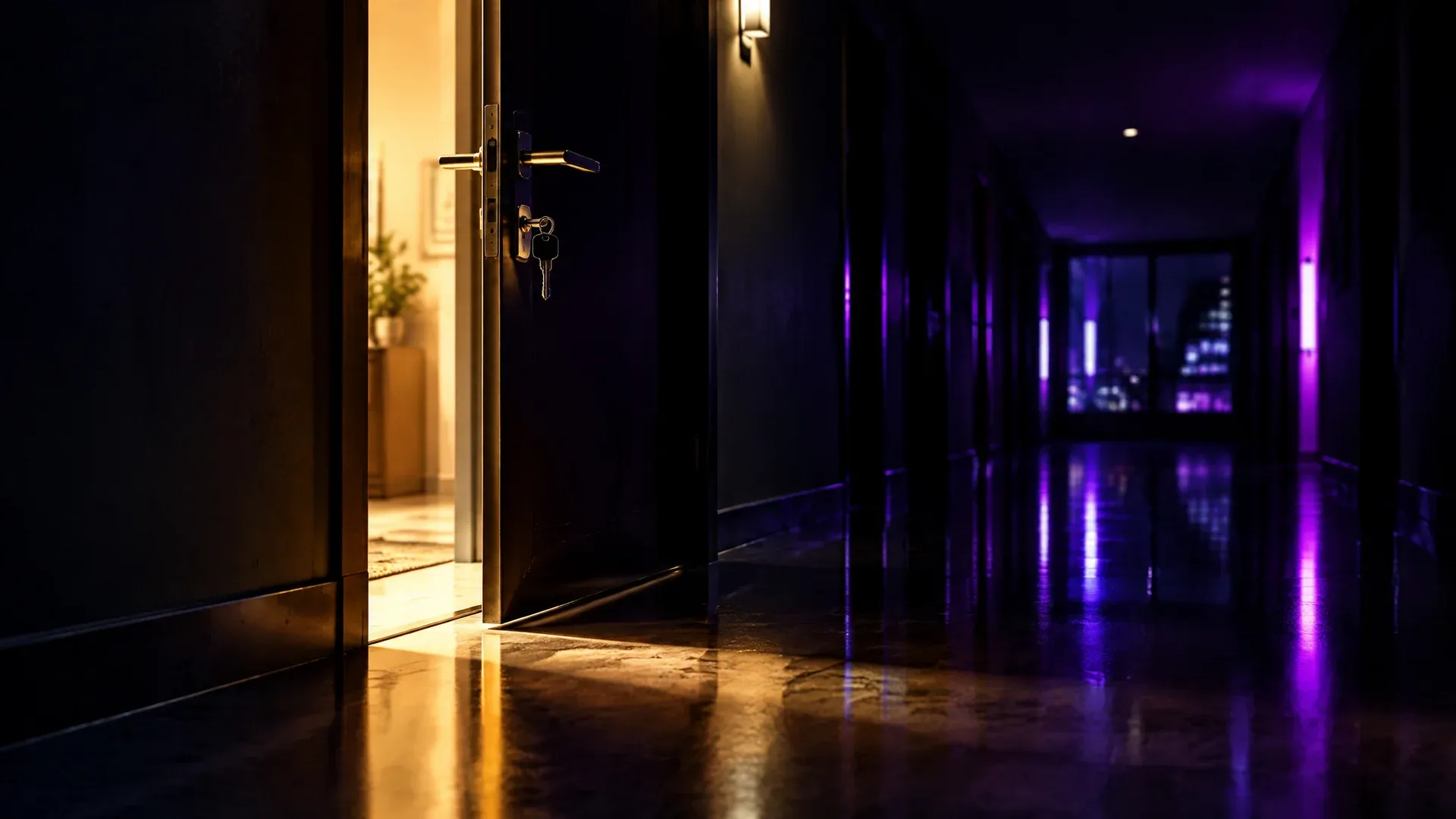 Open apartment door at night with the key still in the lock