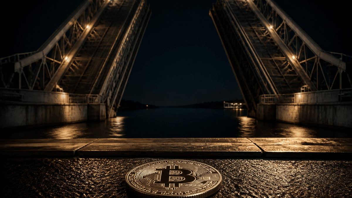 Hochgestellte stählerne Klappbrücke bei Nacht mit breiter Lücke über dunklem Wasser, an der Fahrbahnkante liegt eine Münze mit Bitcoin-Zeichen