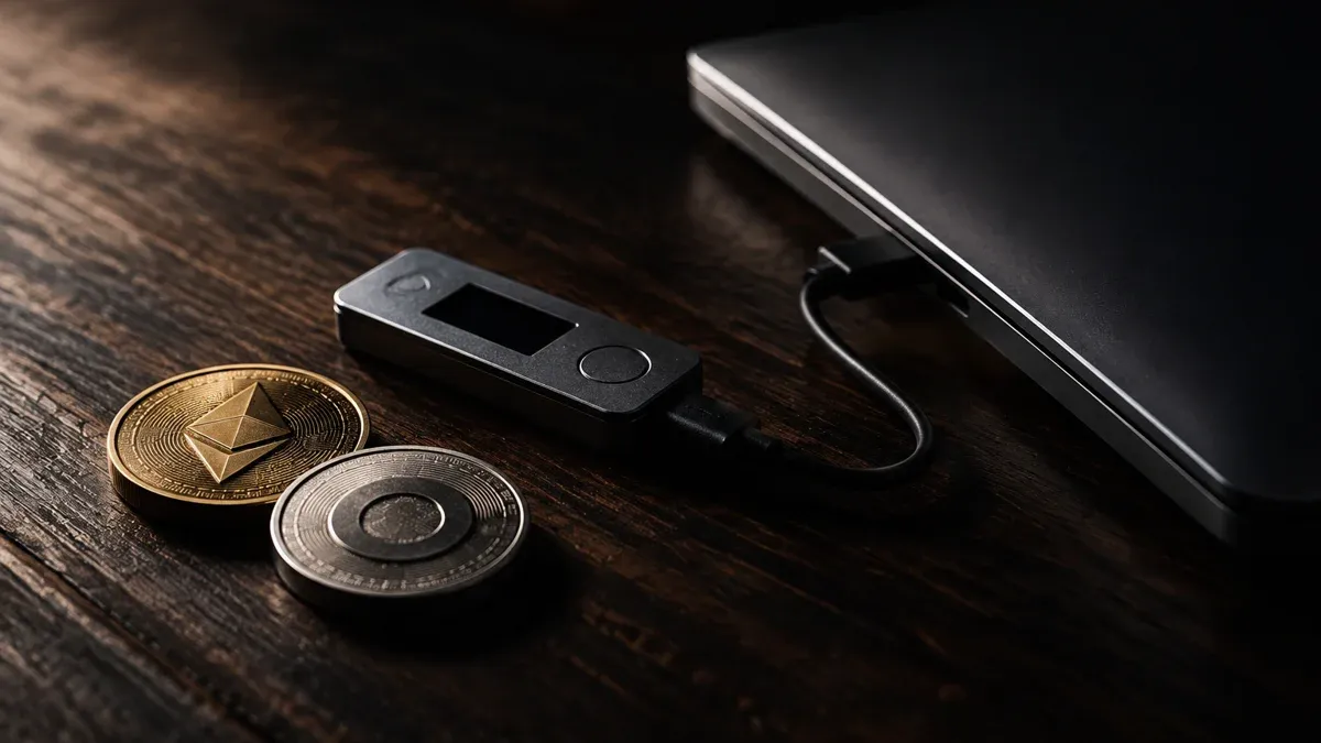 Hardware-Wallet mit Kabel an einem geschlossenen Laptop auf dunkler Holzplatte, daneben zwei Münzen