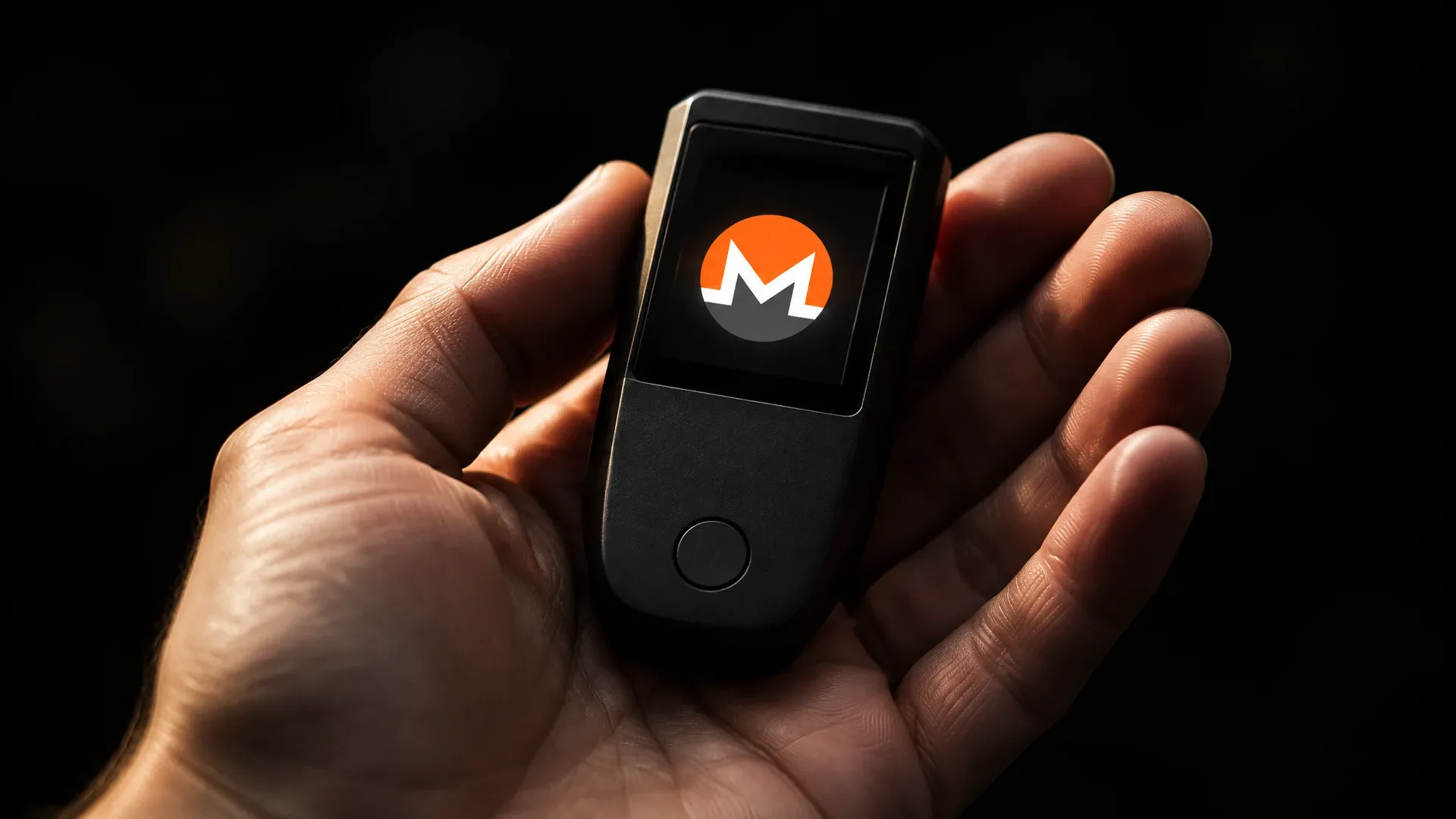 Markenlose schwarze Hardware-Wallet in einer geöffneten Handfläche, auf dem kleinen Display leuchtet das Monero-Zeichen