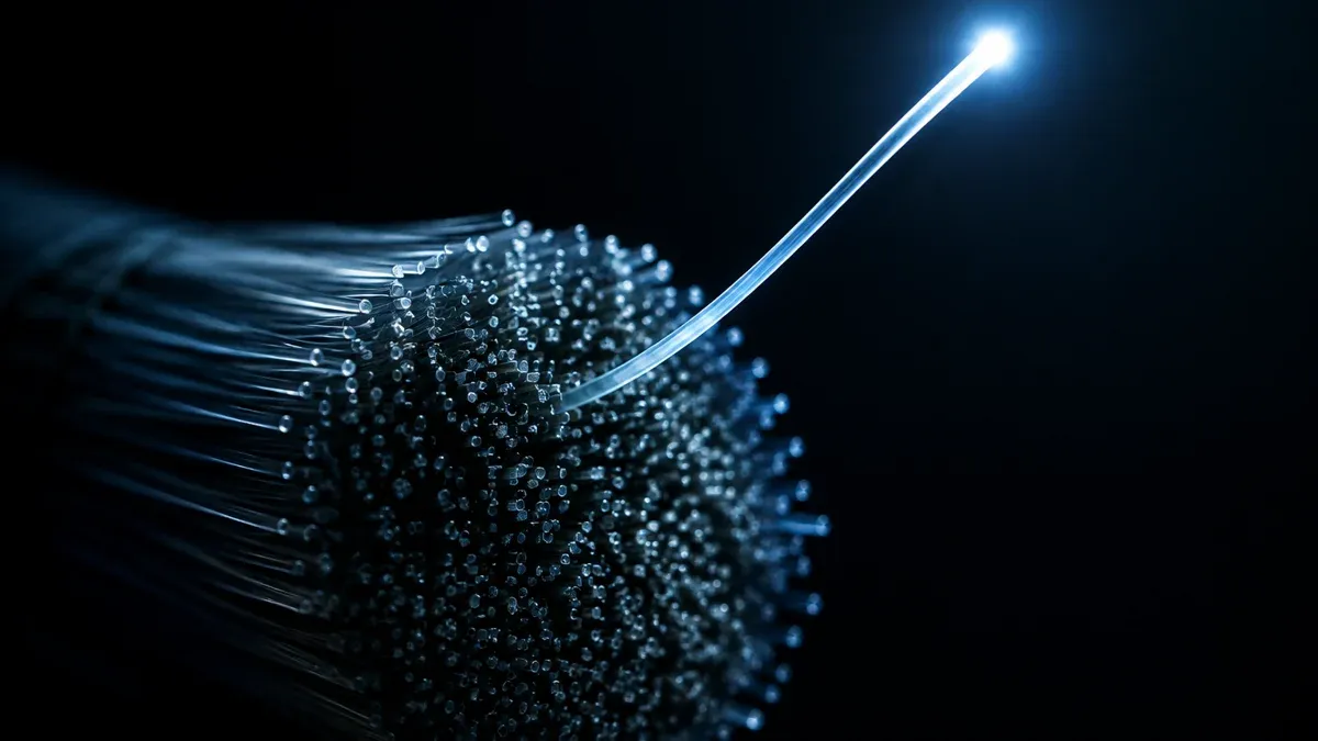 Macro shot of a fibre-optic bundle from which a single brightly glowing fibre is being pulled out