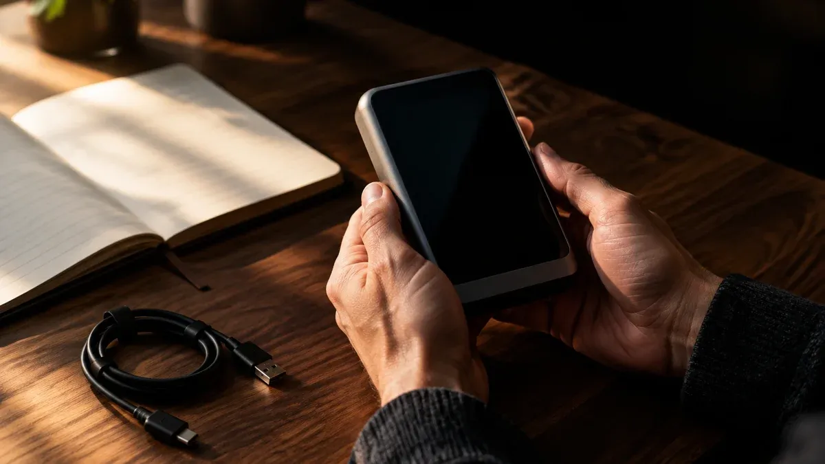 Hands holding an unbranded hardware device with a dark display above a wooden workbench