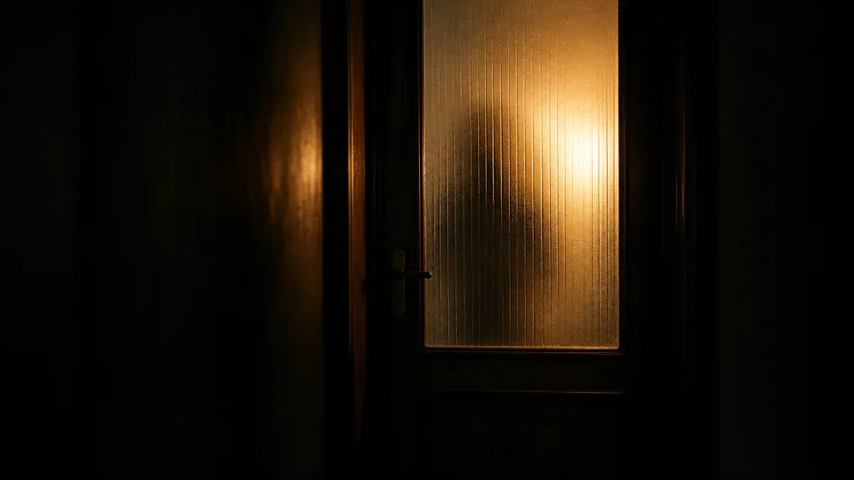 Ribbed, fogged frosted-glass pane in a dark wooden door, behind it only a diffuse warm light source and a blurred shadow