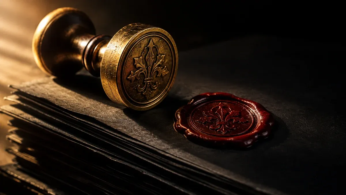 Heavy brass seal stamp on a stack of dark documents, beside it a cooled patch of red sealing wax with a sharp imprint edge