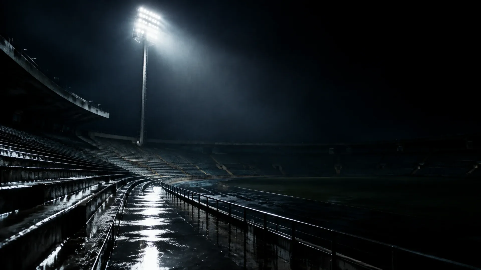 Einzelner brennender Flutlichtmast über einem völlig leeren nächtlichen Stadionrang, der Innenraum liegt im Dunkeln