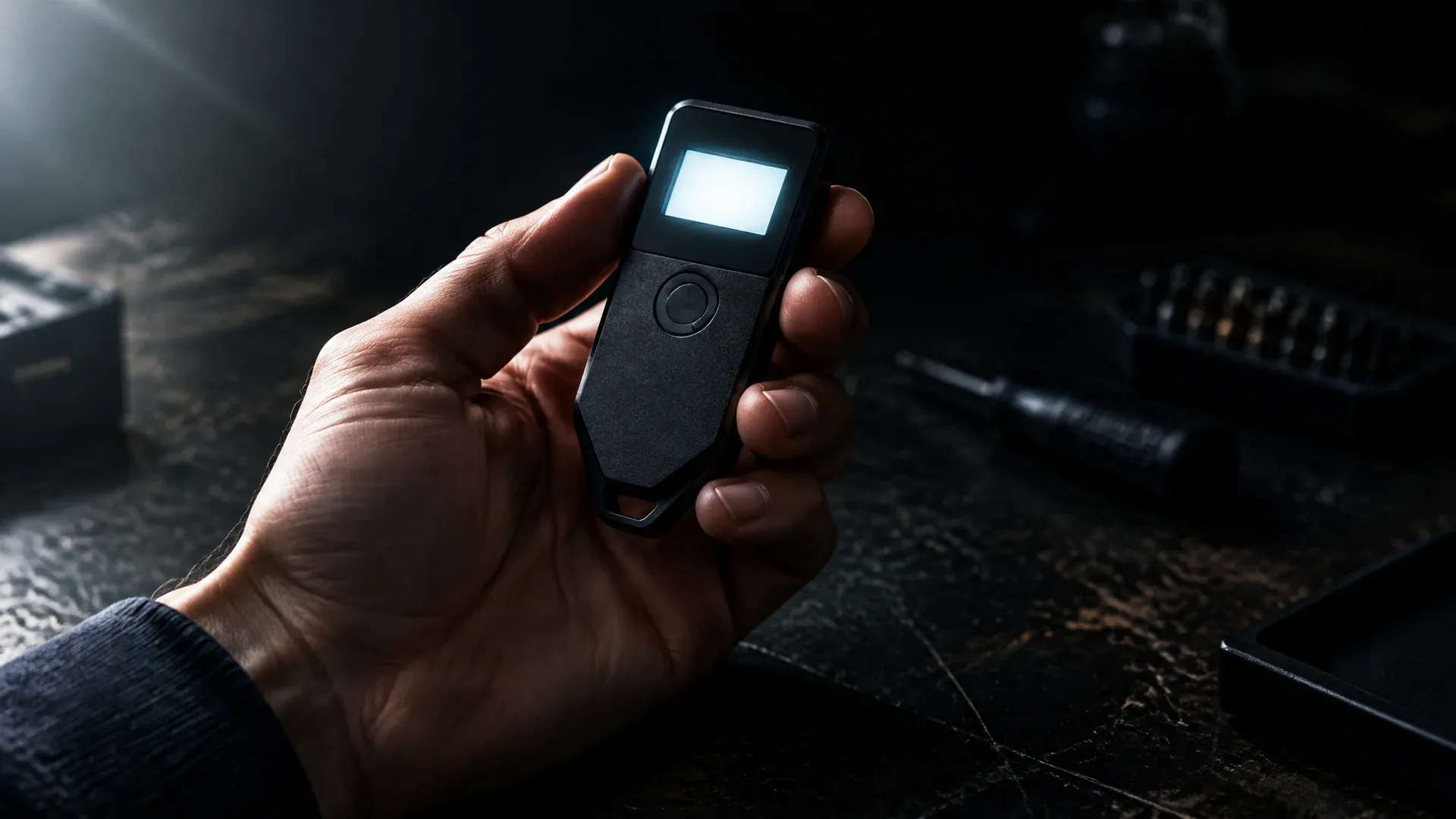 Markenlose Hardware-Wallet in einer Hand über einer dunklen Werkbank