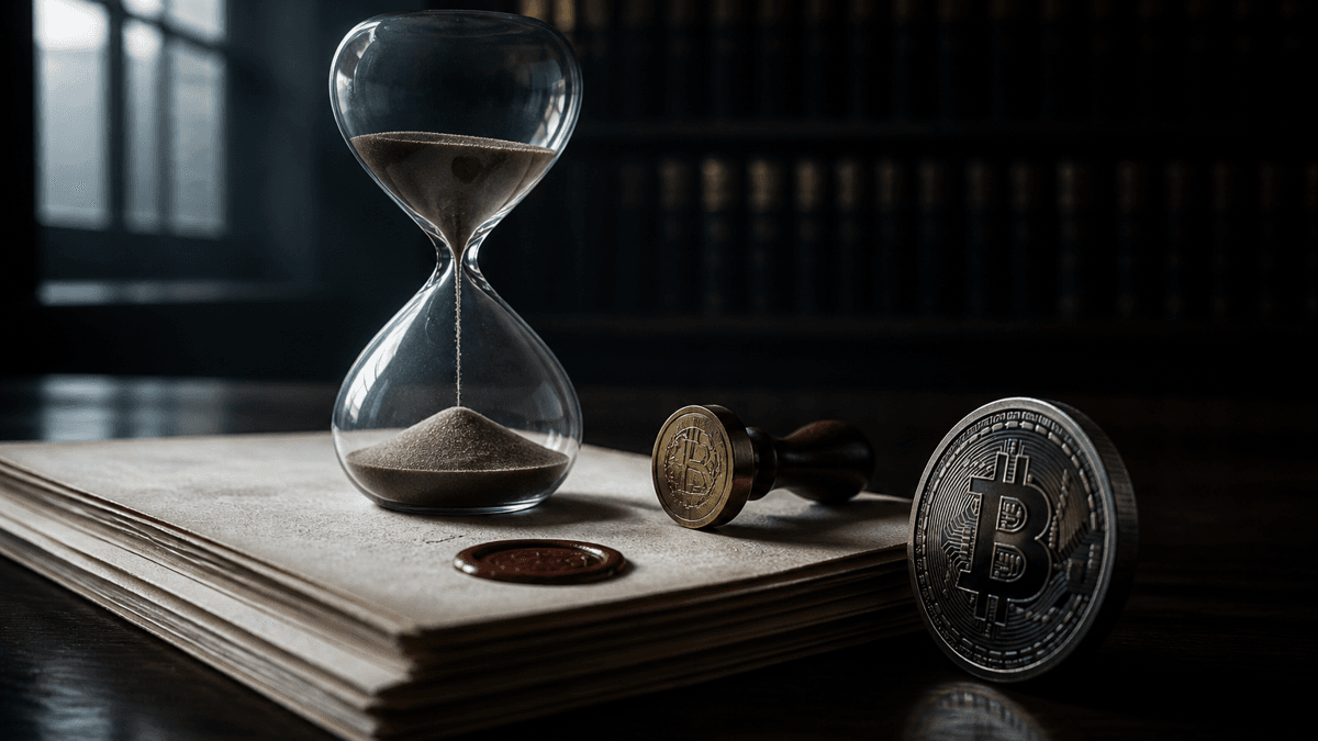 Gläserne Sanduhr auf einem Stapel amtlicher Papiere mit rotem Wachssiegel, daneben eine hochkant stehende Metallmünze