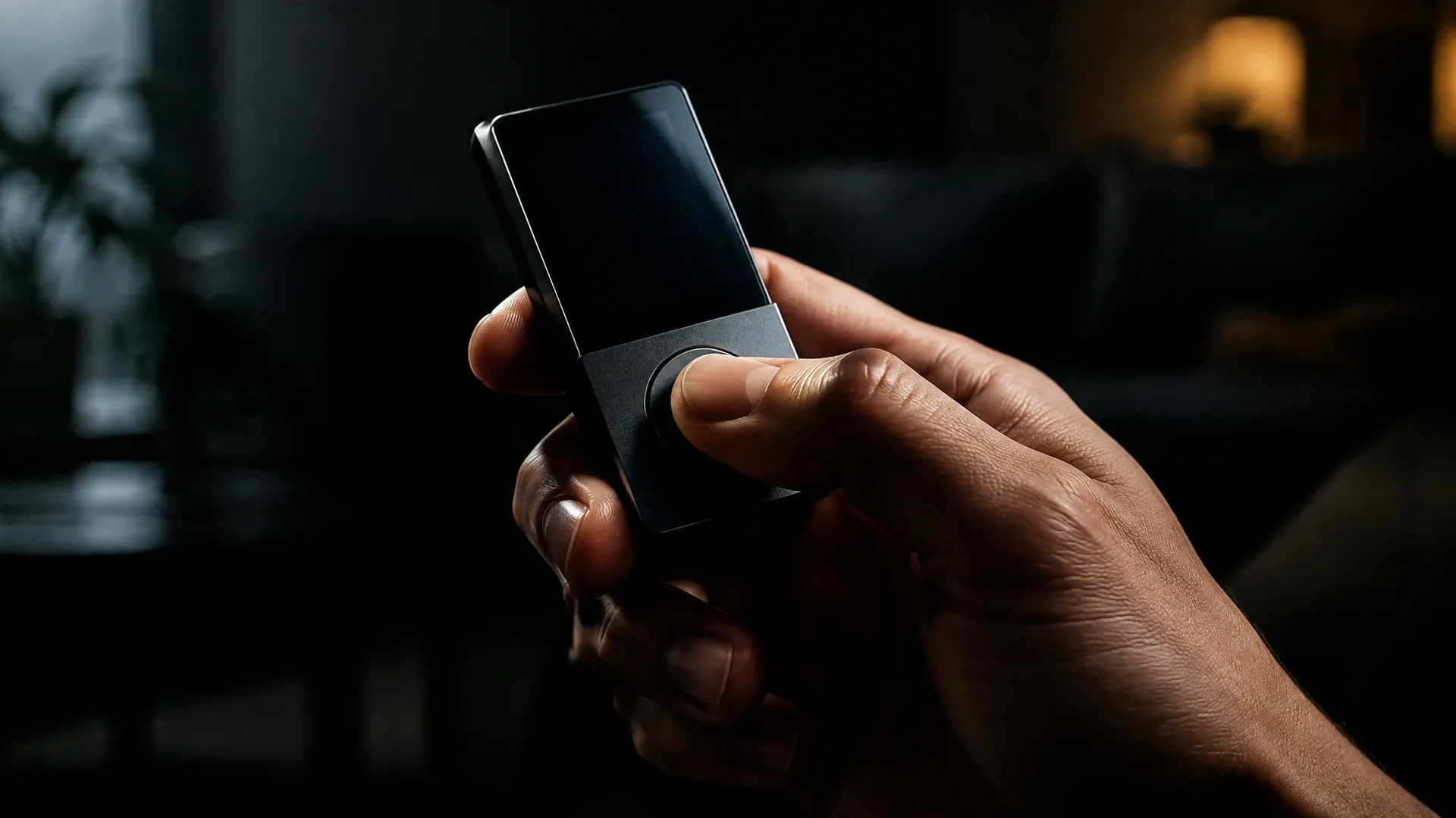 Markenlose Hardware-Wallet aus dunklem Metall in einer Hand, der Daumen liegt auf der Bestätigungstaste