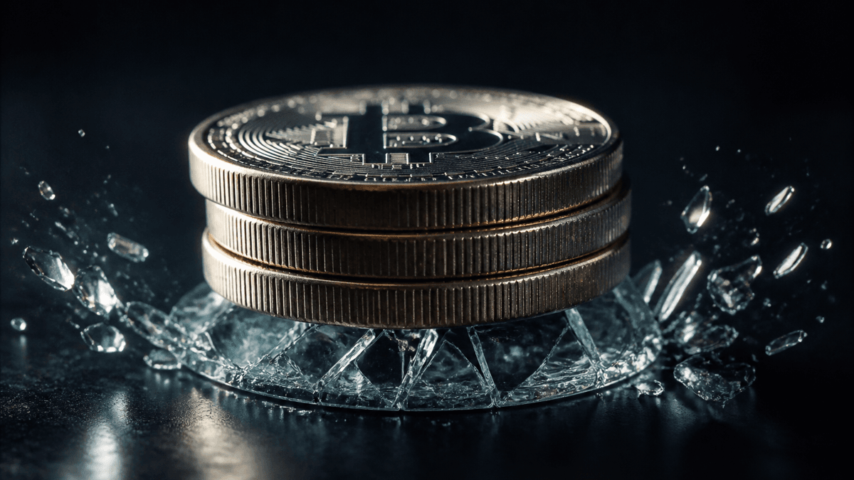 Gros plan d’une pièce de verre extrêmement fine qui se brise sous le poids de trois pièces métalliques massives frappées du signe Bitcoin