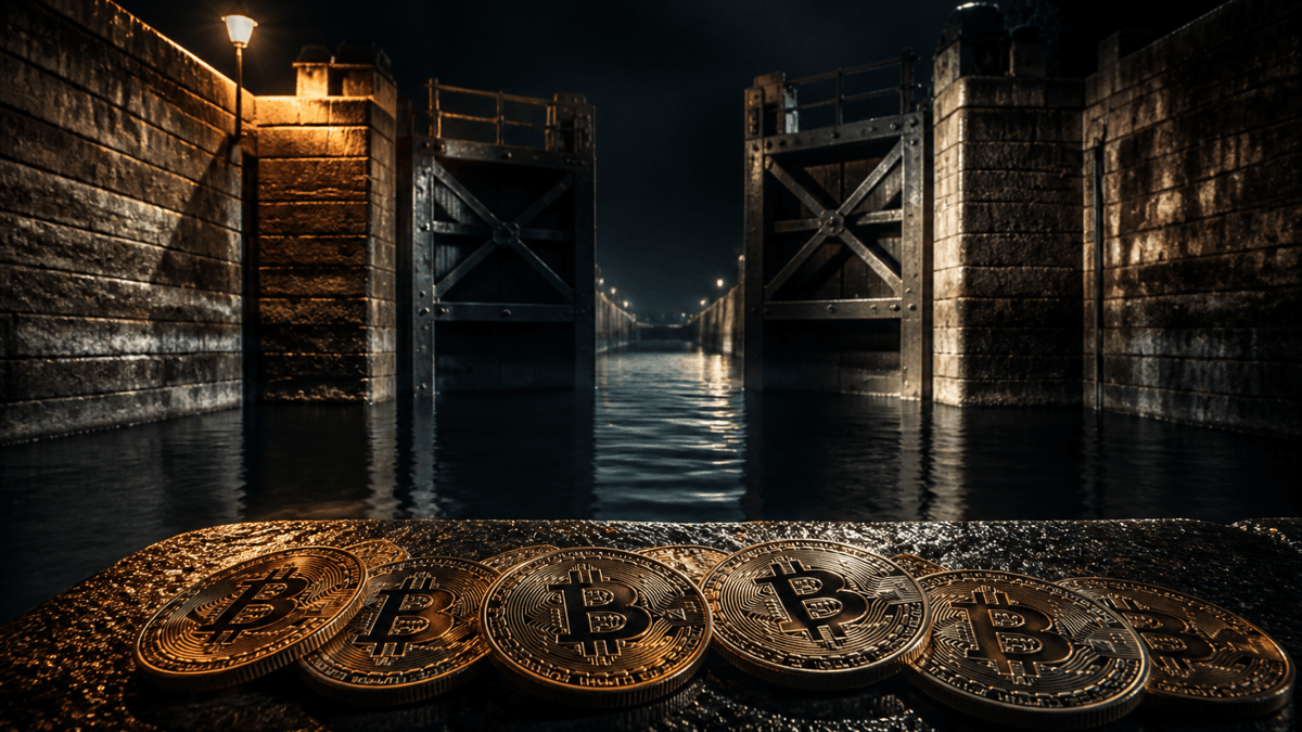 A night-time lock chamber with an open steel gate, the water standing at apparently the same level on both sides, coins bearing a Bitcoin symbol lying on the wet stone edge