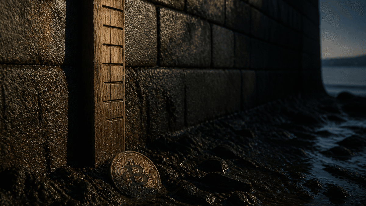 An unmarked wooden tide gauge on a quay wall at low water, the water standing far below the topmost graduation line, a half-sunken coin bearing a Bitcoin symbol in the mud