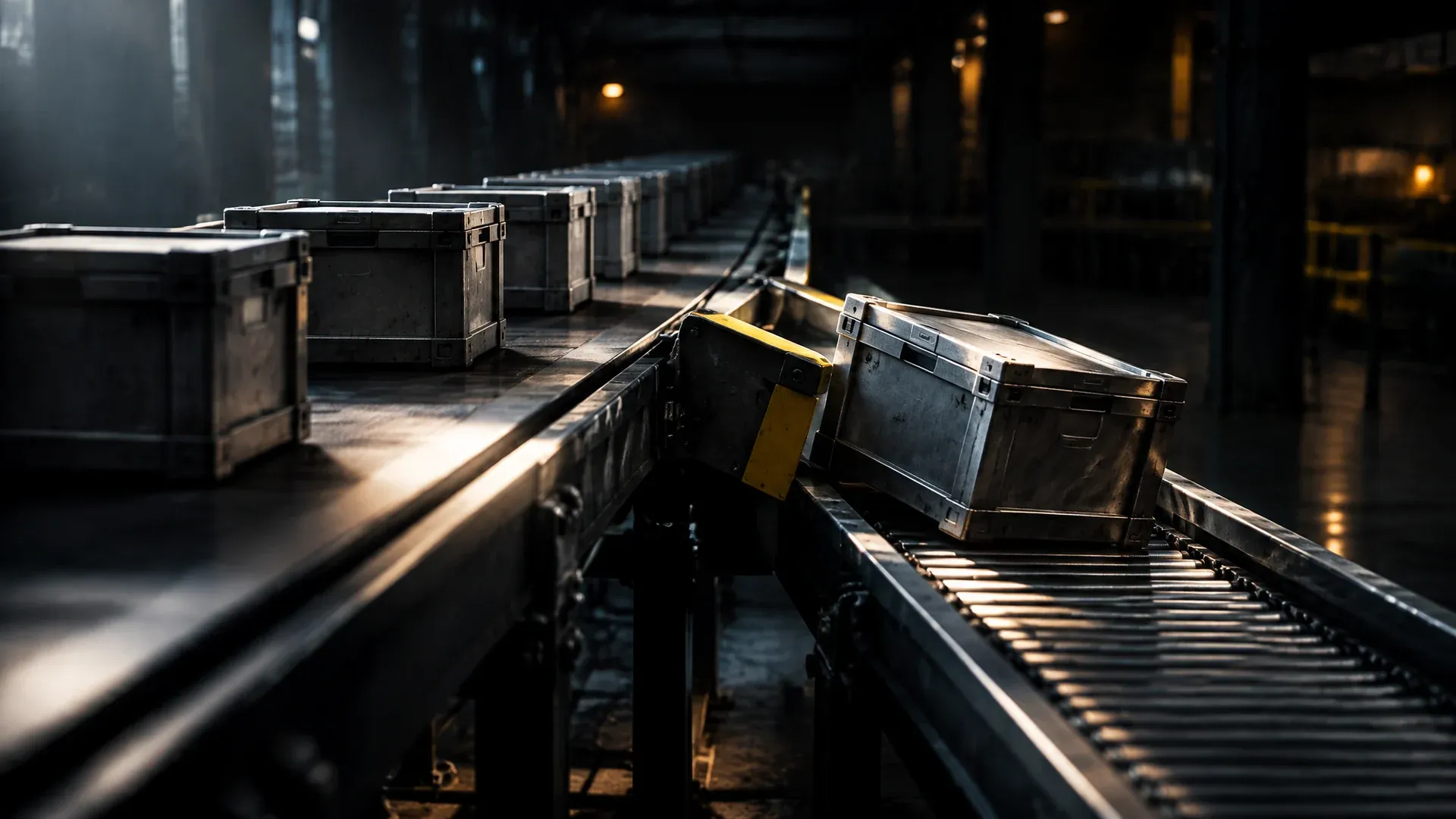 Sorting plant in a dark industrial hall, identical metal crates on the conveyor belt, one of them pushed onto a side track by a diverter