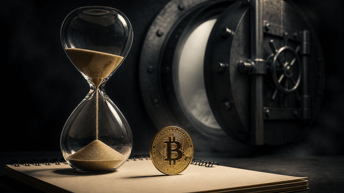 Glaeserne Sanduhr mit rieselndem Sand auf einem leeren Kalenderblatt ohne Zahlen, daneben eine aufrecht stehende Muenze mit eingepraegtem Bitcoin-Zeichen vor einer sich schliessenden Metallklappe