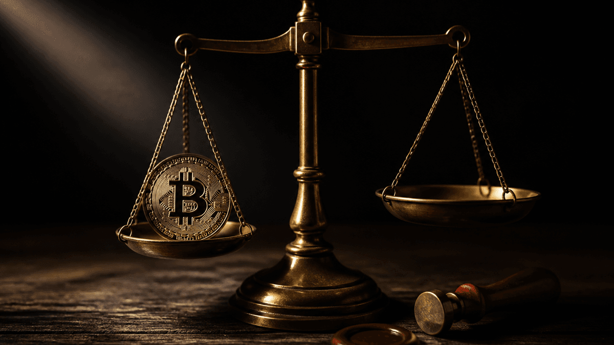 Messingfarbene Justizwaage auf dunklem Holz neben einem roten Wachspetschaft, in der Waagschale eine Metallmünze mit eingeprägtem Bitcoin-Symbol