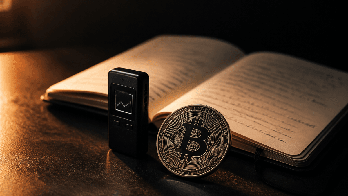 Schreibtischszene ohne Person: ein kleines mattschwarzes Metallgerät mit winzigem Bildschirm liegt neben einem Notizbuch und einer Metallmünze mit eingeprägtem Bitcoin-Symbol