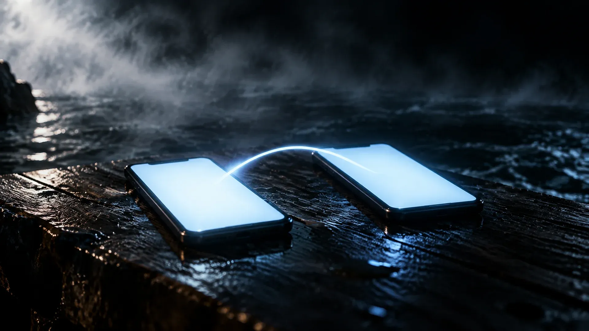 Two smartphones on a wet wooden plank, a thread of light arcing between their glowing screens