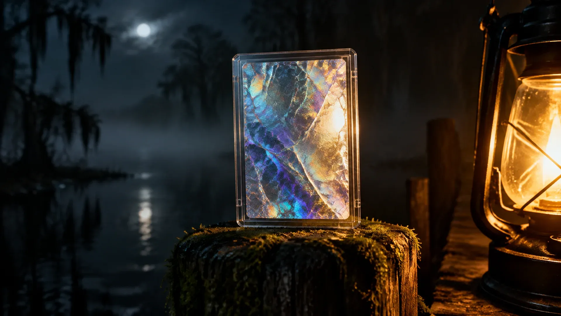 A single trading card with an iridescent foil surface in a protective holder on a wooden post in the fog
