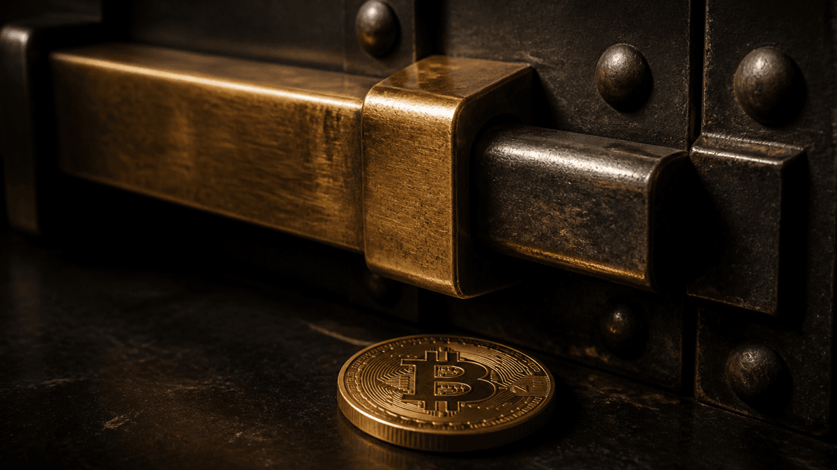 Massiver Messing-Riegel eines Banktresors greift in einen Stahlbolzen, davor liegt flach eine Münze mit Bitcoin-Zeichen auf schwarzem Stein
