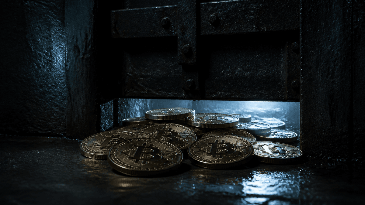 Halb heruntergelassenes Stahl-Schleusentor in einem nassen Betontunnel, davor stauen sich dicht gedrängte Münzen mit Bitcoin-Zeichen vor dem schmalen Spalt