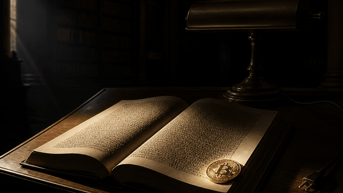 Aufgeschlagenes Buch mit dicht eingepraegten Marken auf einem Holzpult, die Messing-Leselampe darüber ist erloschen und ihr Stecker liegt lose daneben, am Seitenrand eine Münze