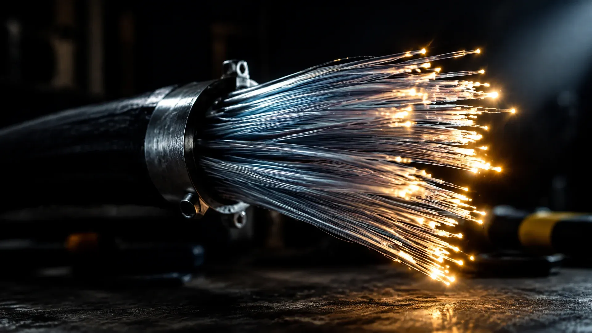 Dickes Glasfaserbündel, in dem viele einzelne Fasern in einer gemeinsamen Metallschelle zusammenlaufen und im Gegenlicht leuchten