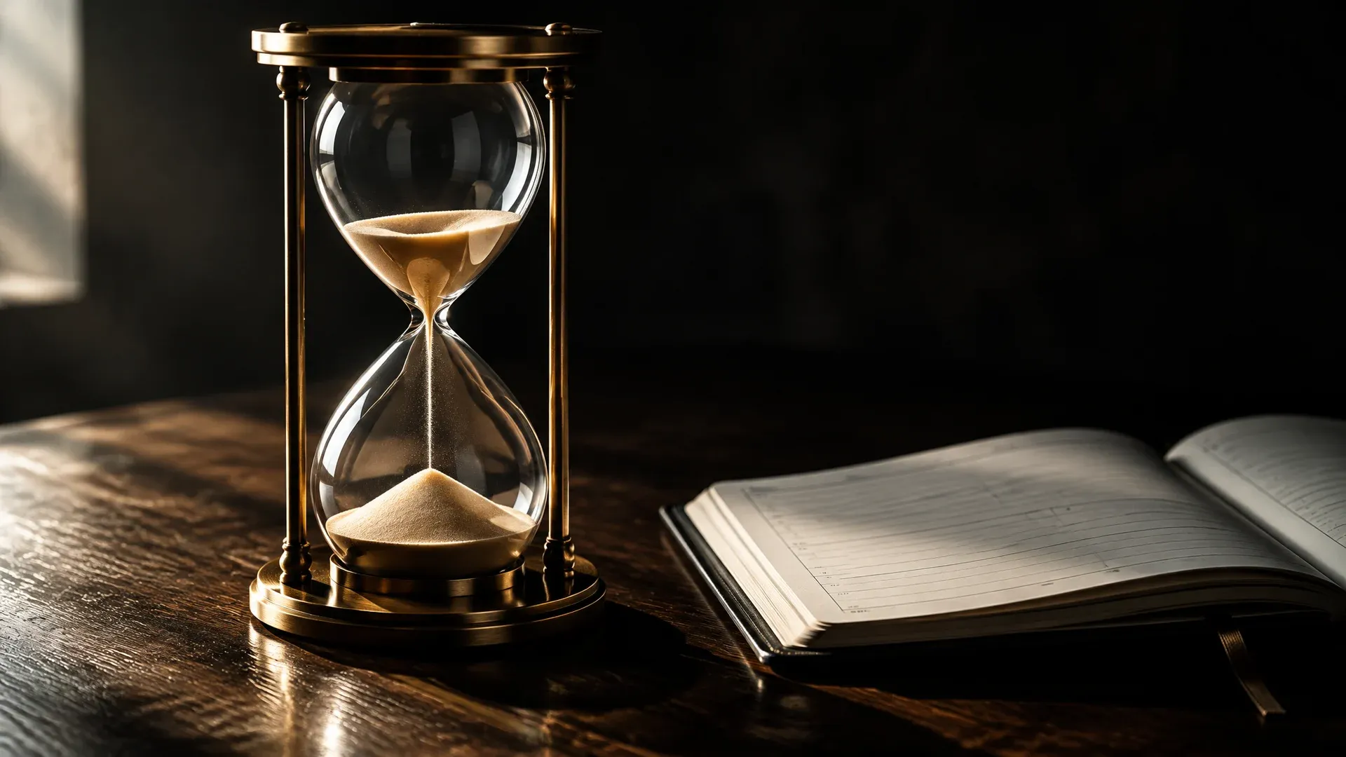 Gläserne Sanduhr auf dunklem Holztisch, der obere Kolben ist nur noch zu einem Drittel gefüllt, daneben ein aufgeschlagener Terminkalender mit leeren Seiten