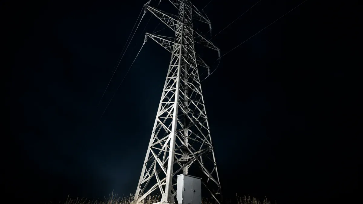 Einzelner Hochspannungsmast bei Nacht von unten angestrahlt, die Leitungen verschwinden in der Dunkelheit, am Mastfuß ein geschlossener Schaltkasten