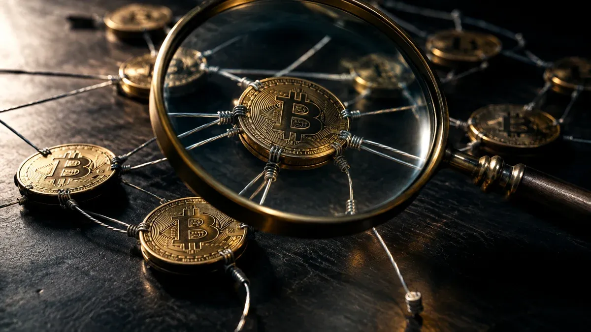 Messinglupe über einem Geflecht gespannter Metalldrähte, die mehrere Bitcoin-Münzen auf einer dunklen Tischplatte verbinden, einzelne Drähte enden abrupt