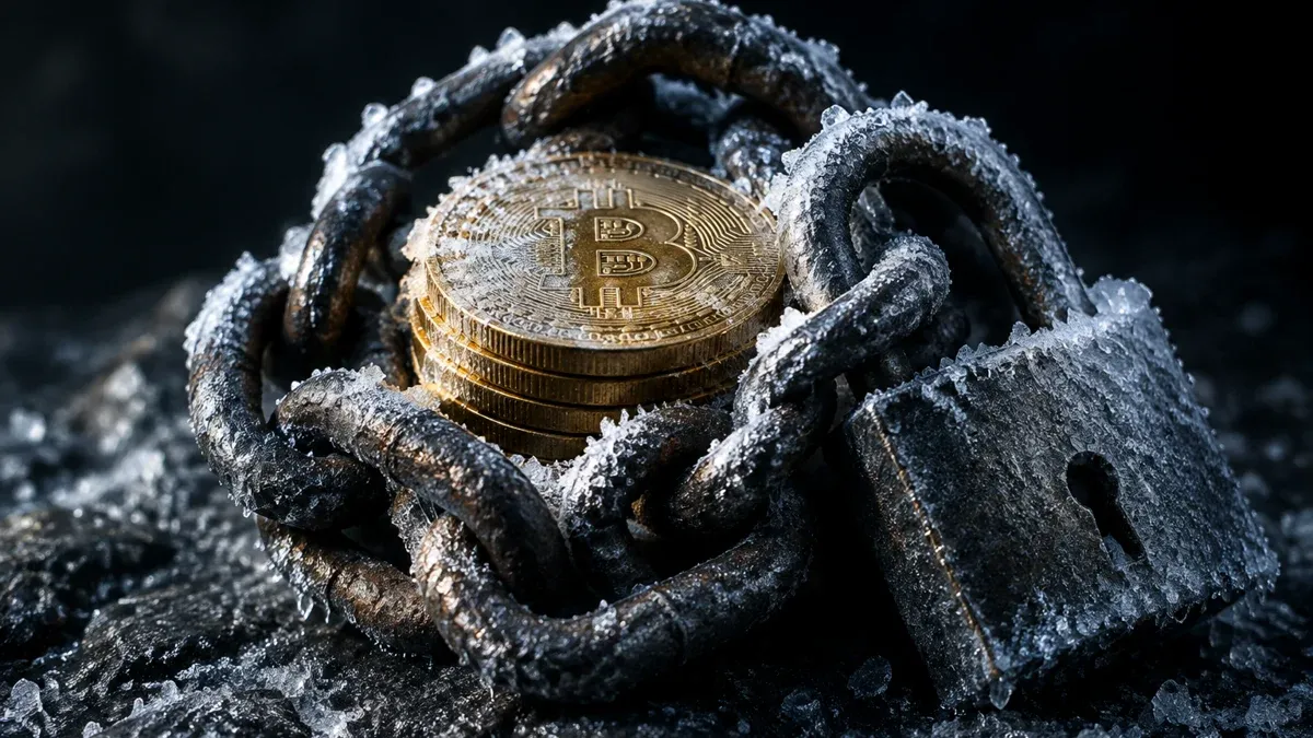 Schwere Eisenkette mit Vorhängeschloss und Raureif um einen kleinen Stapel Bitcoin-Münzen auf dunklem Stein